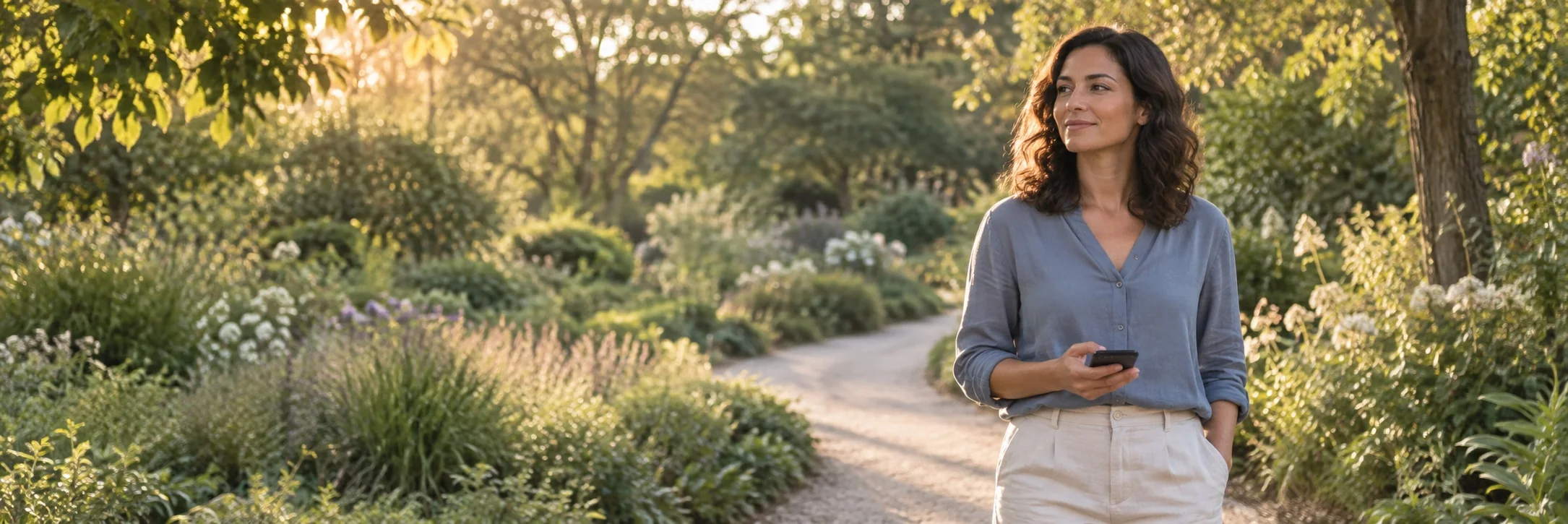 Woman holding a phone on a quiet garden path in warm afternoon light