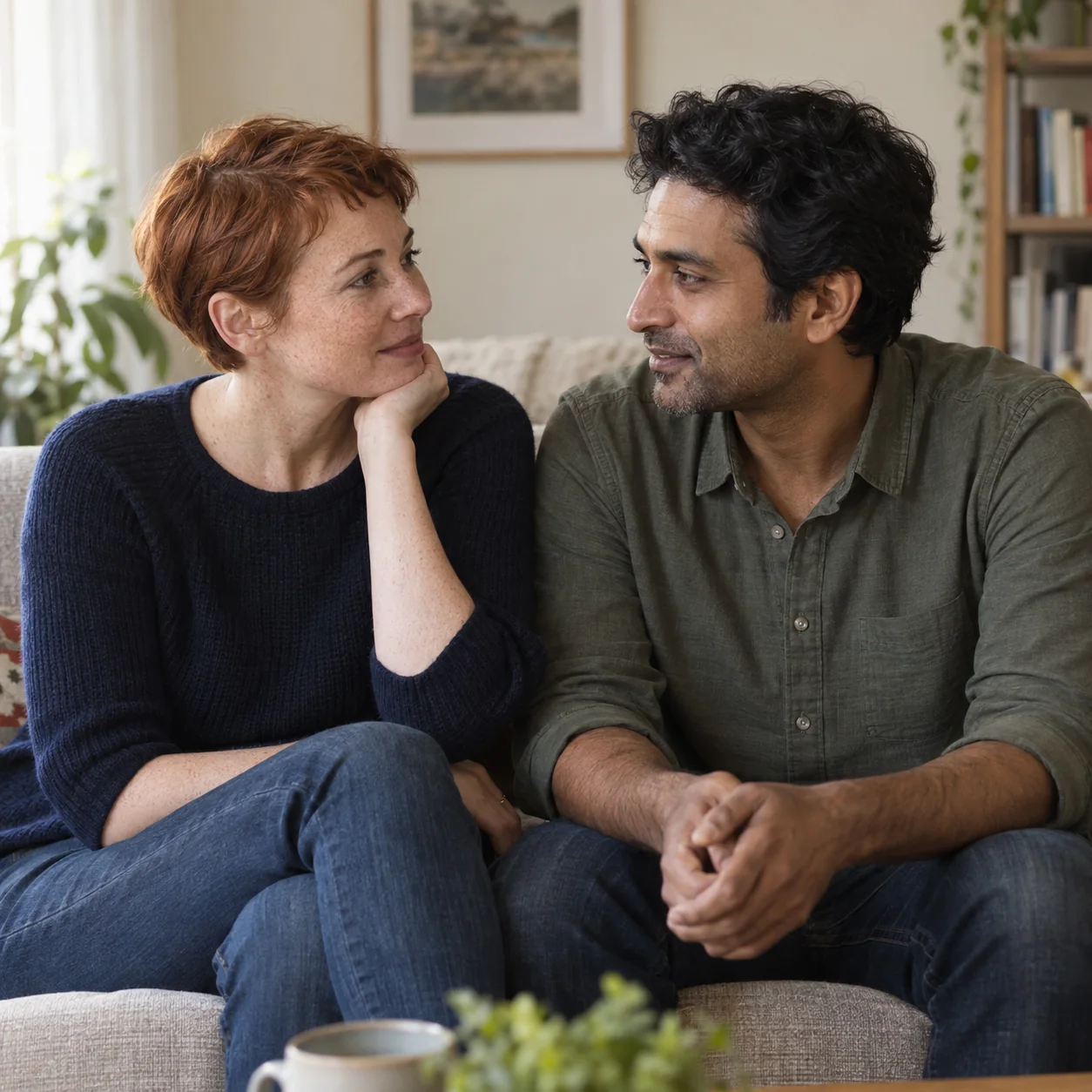 Couple sitting together and listening to each other