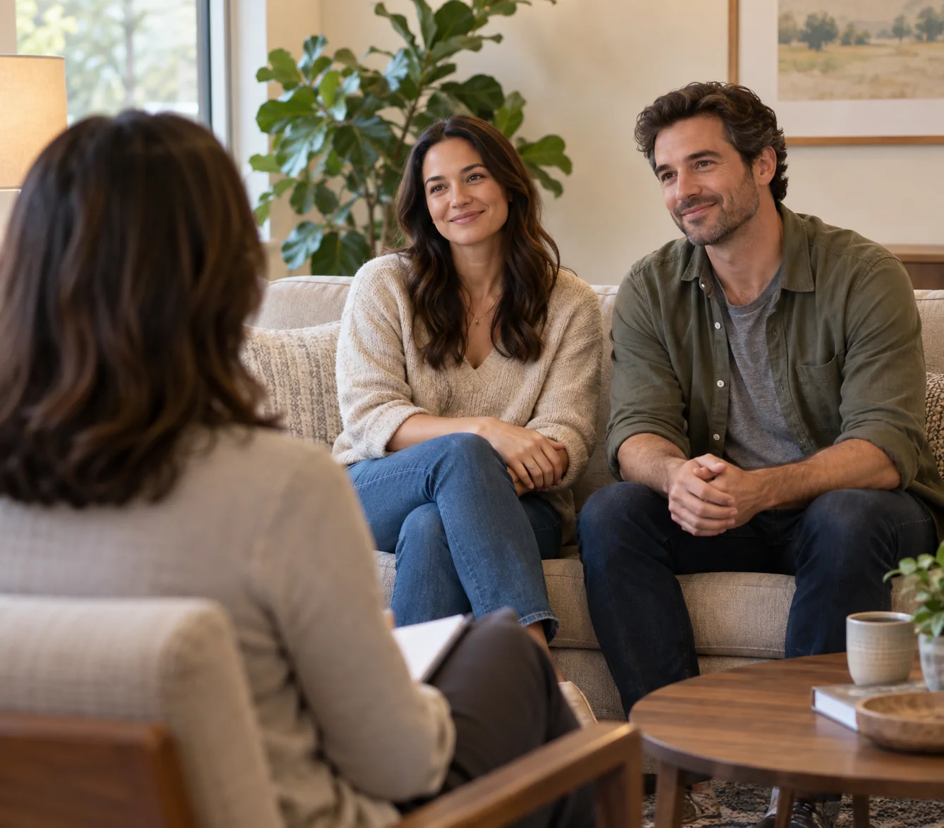 A smiling couple talking with a therapist, seen from behind, in a welcoming counseling room