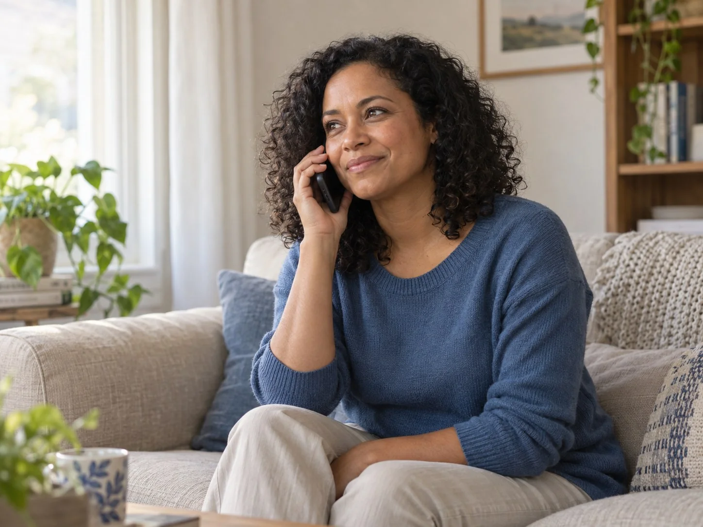 Woman making a phone call from her sofa at home