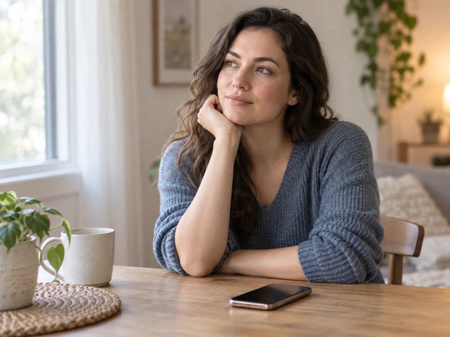 A thoughtful young woman sitting beside a window with her phone nearby on the table