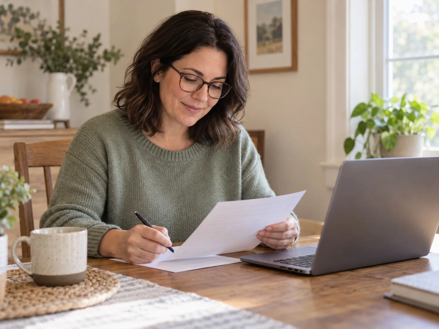 Woman reviewing paperwork at home with a pen and laptop nearby