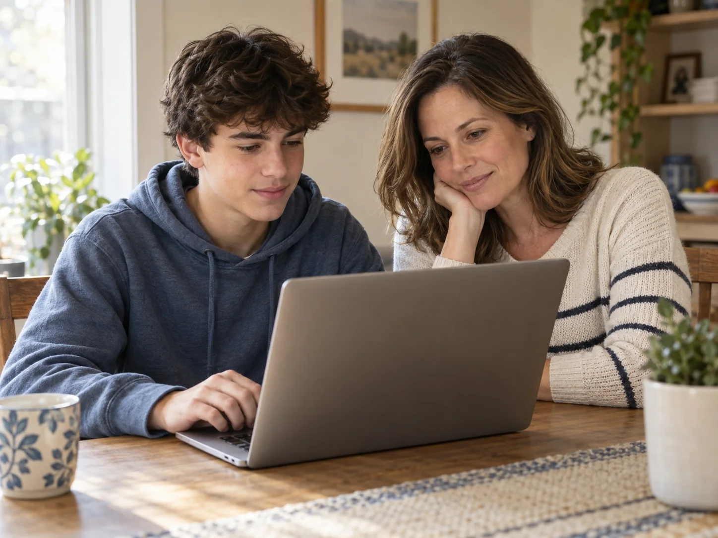 A parent and teenager looking at a laptop together at home