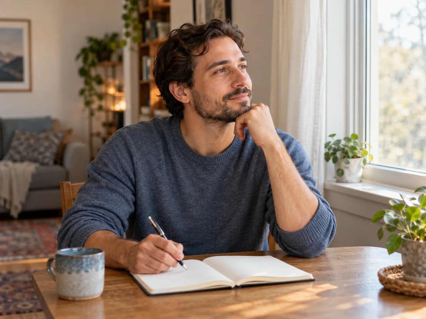 A thoughtful man looking toward a window with an open notebook at home