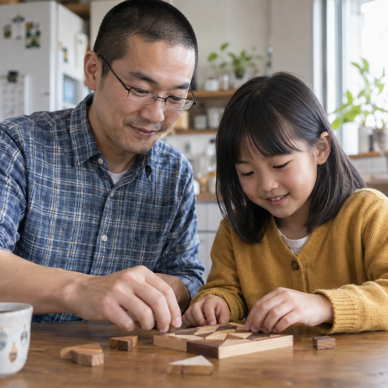 Father and daughter working on a wooden puzzle together