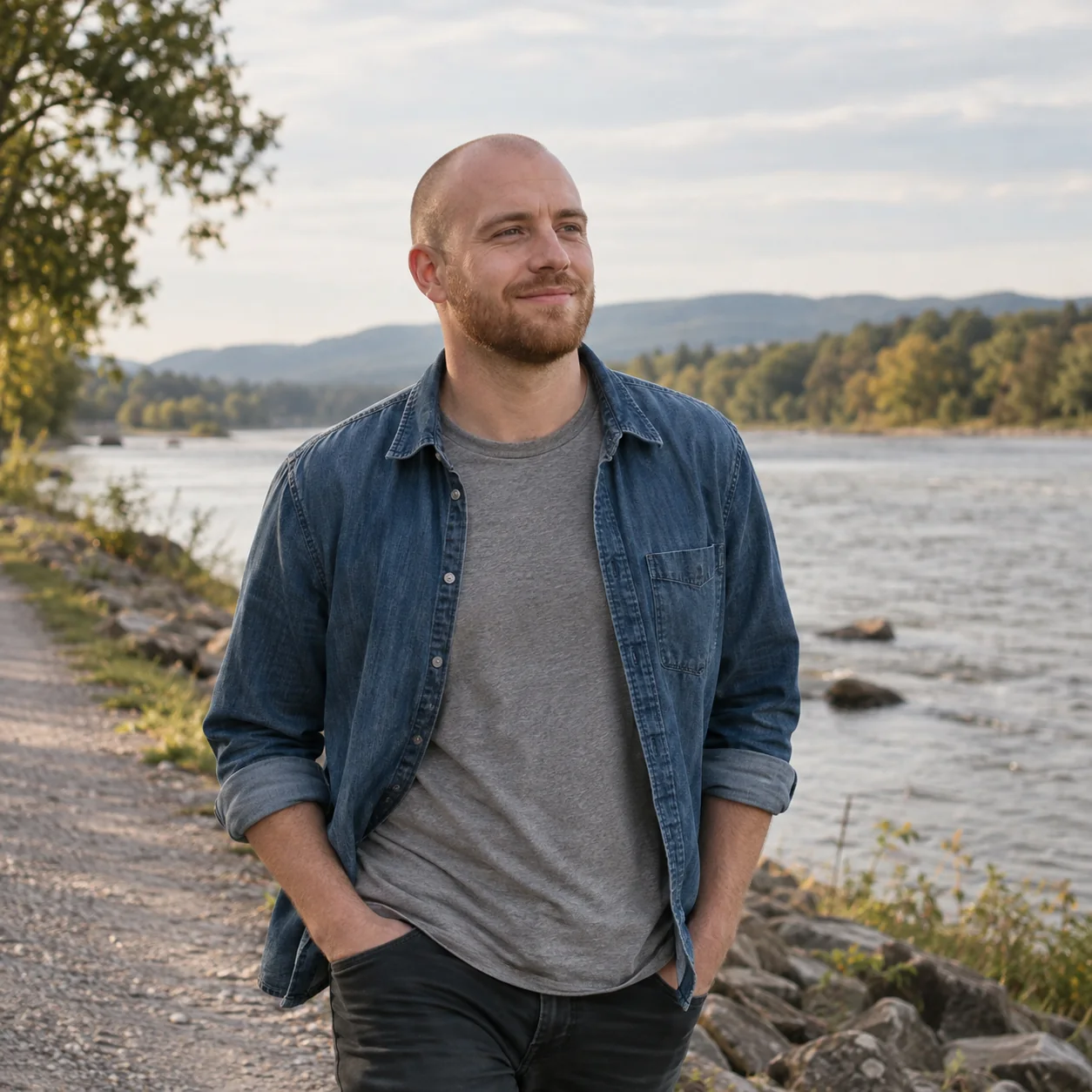 Man in a denim shirt enjoying a quiet riverside walk