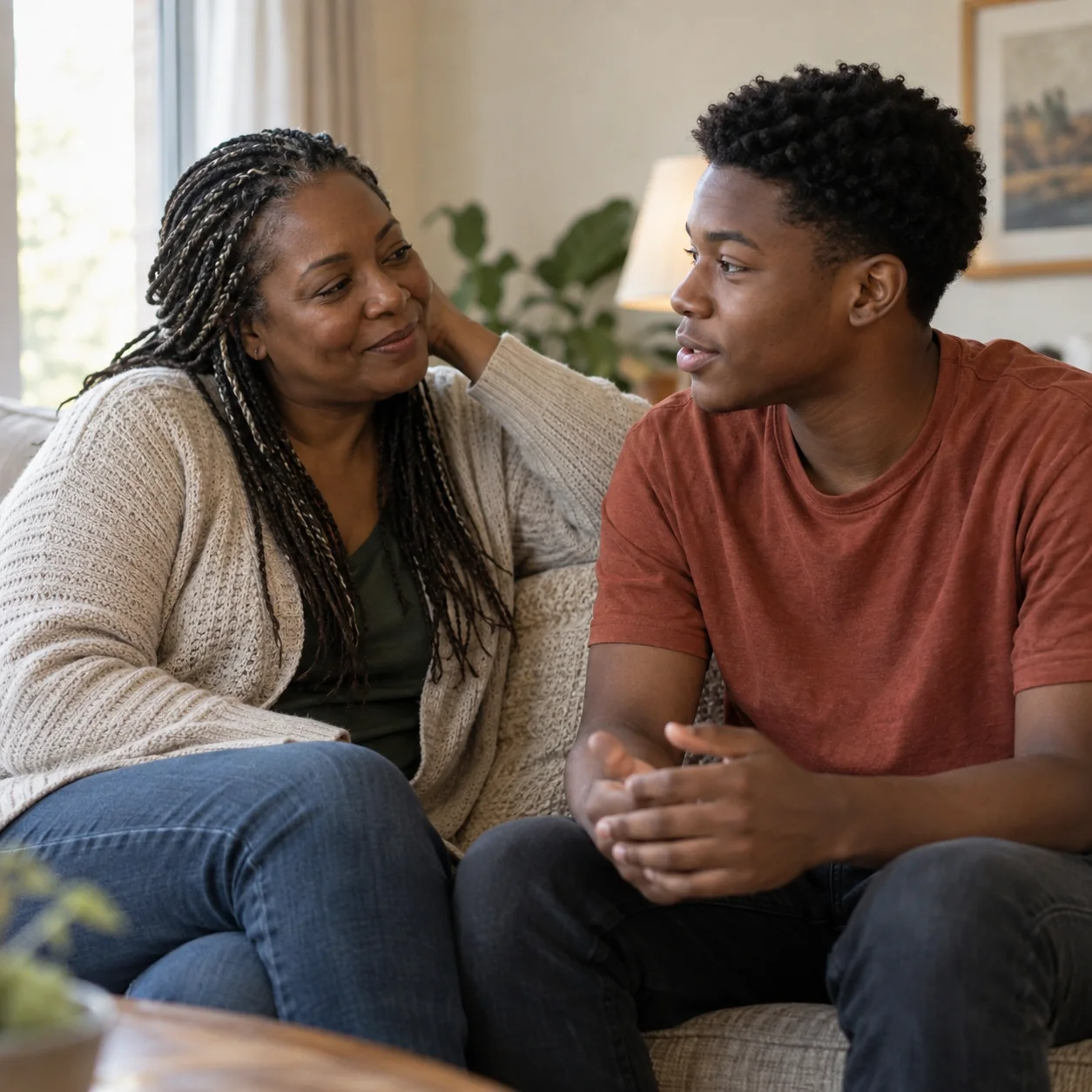 Mother and teenage son sharing a quiet conversation