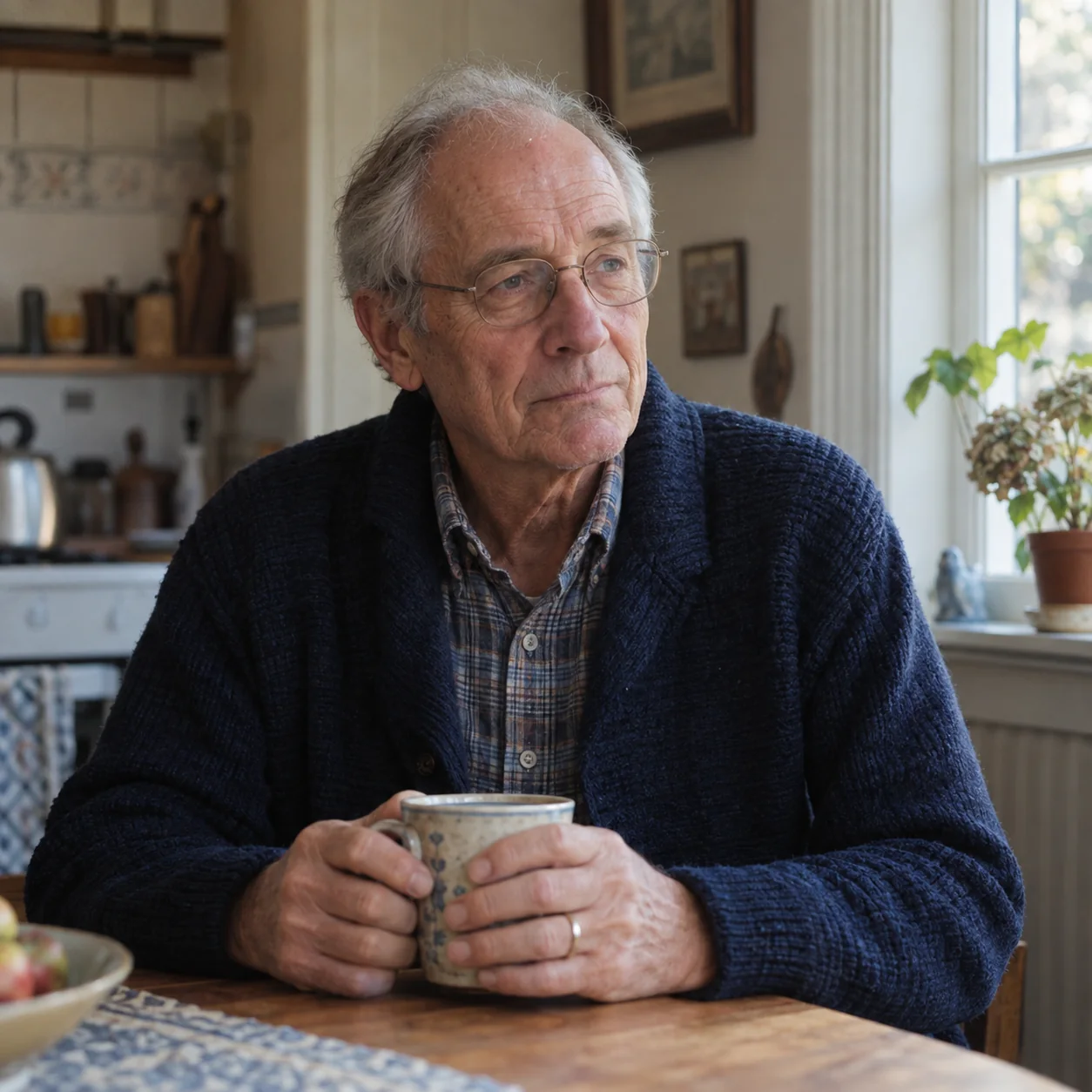 Older man holding a mug and reflecting beside a window