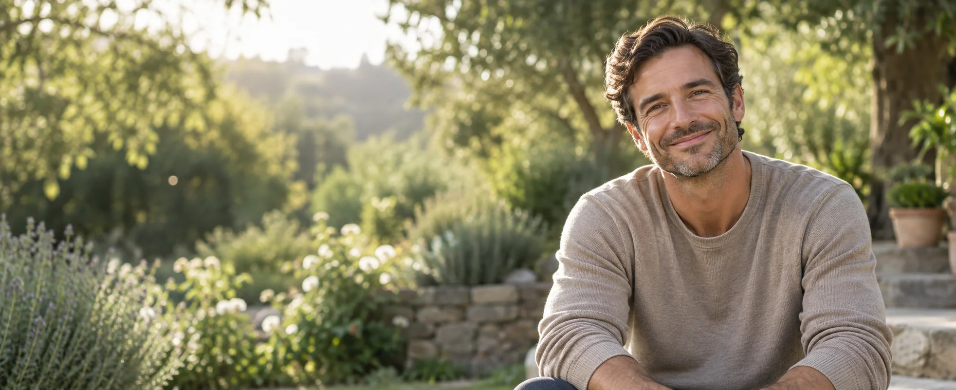 A smiling man sitting in a sunlit garden