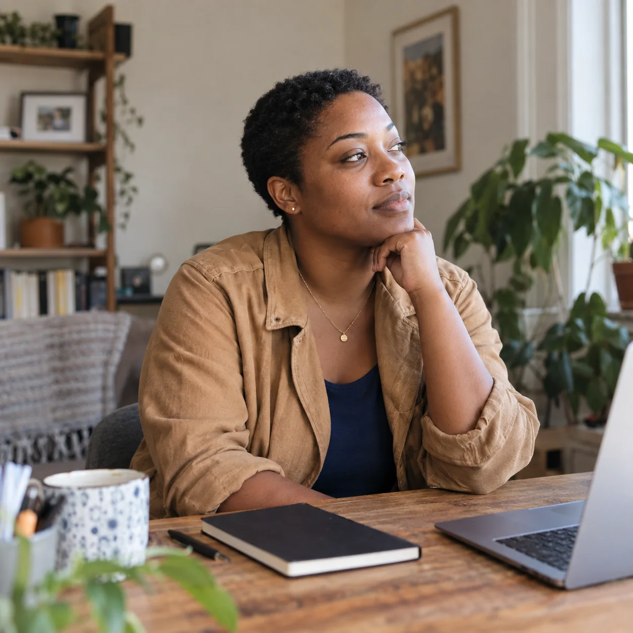Woman taking a thoughtful pause at her home office desk