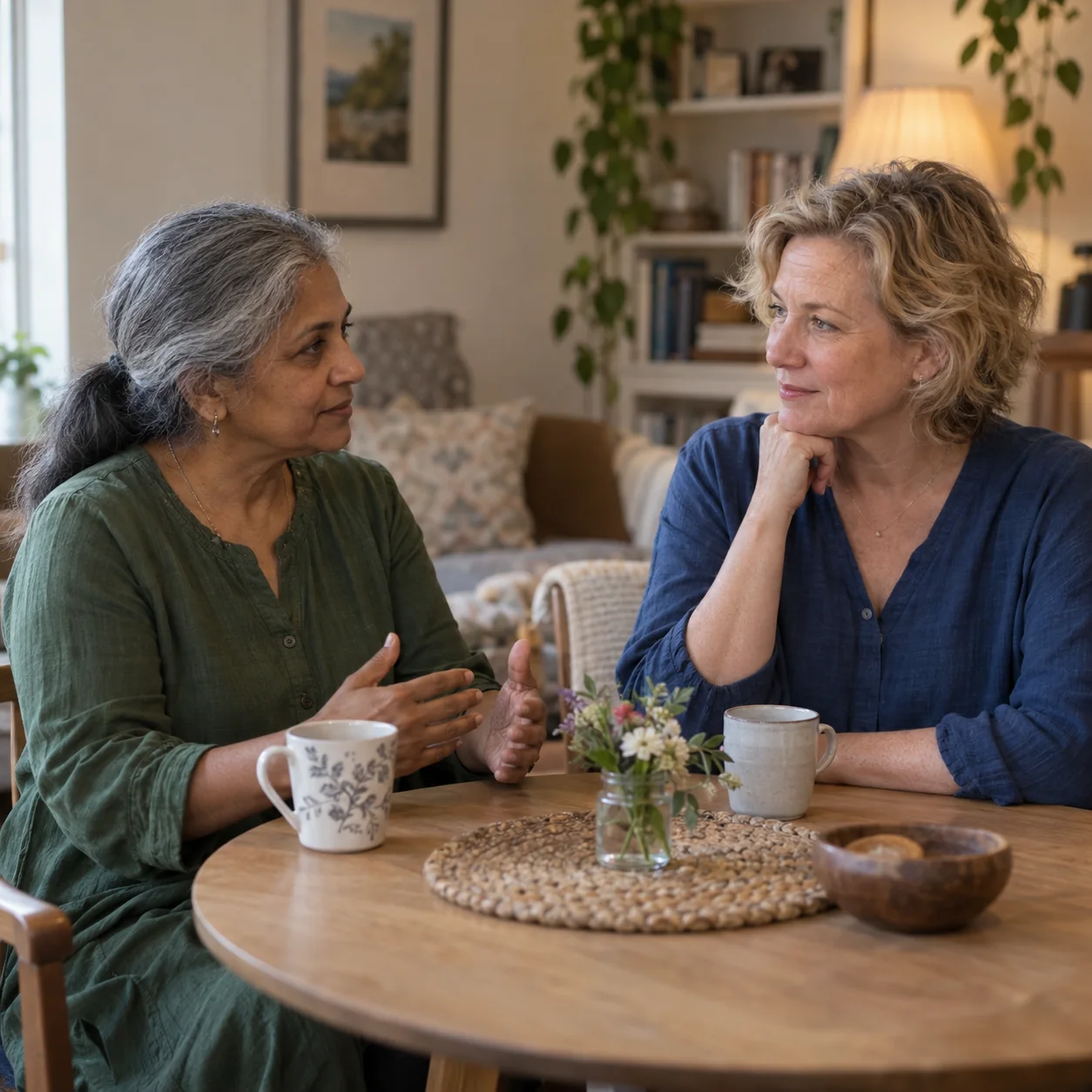 Two women listening to each other across a table